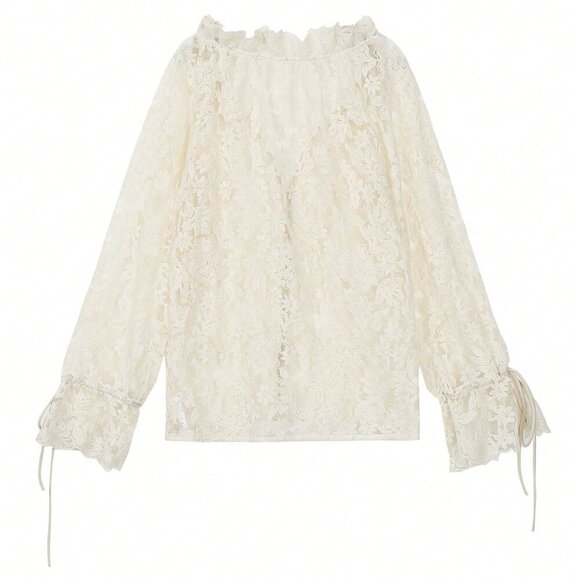 Apricot Casual Women's Elegant  Lace Sheer long sleeve Blouse - Picture 6 of 9